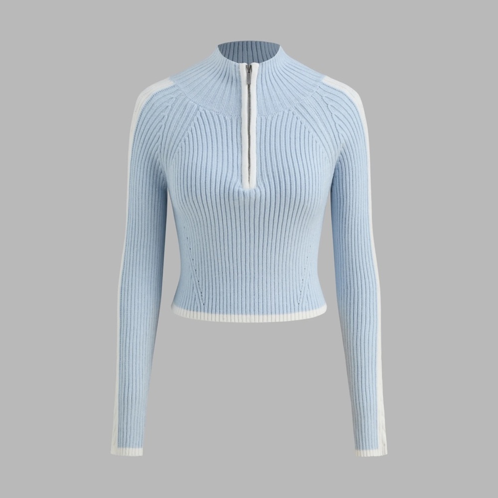 Light Blue Ribbed Zip-Up Sweater - Picture 6 of 11